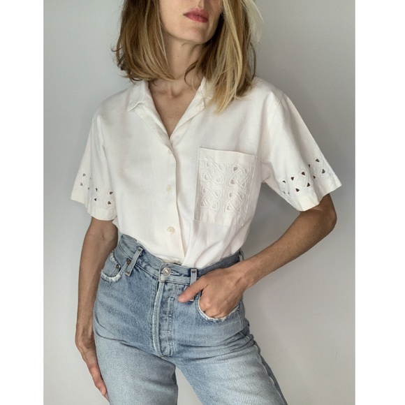 Vintage Tops - Vintage Embroidered Cutwork Linen Cream Blouse Top
